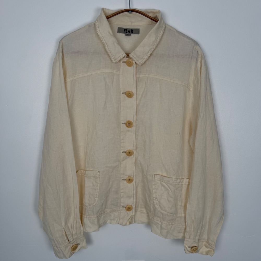 FLAX 100% Linen Button Down Shirt Jacket Cream Off White Women Size M
